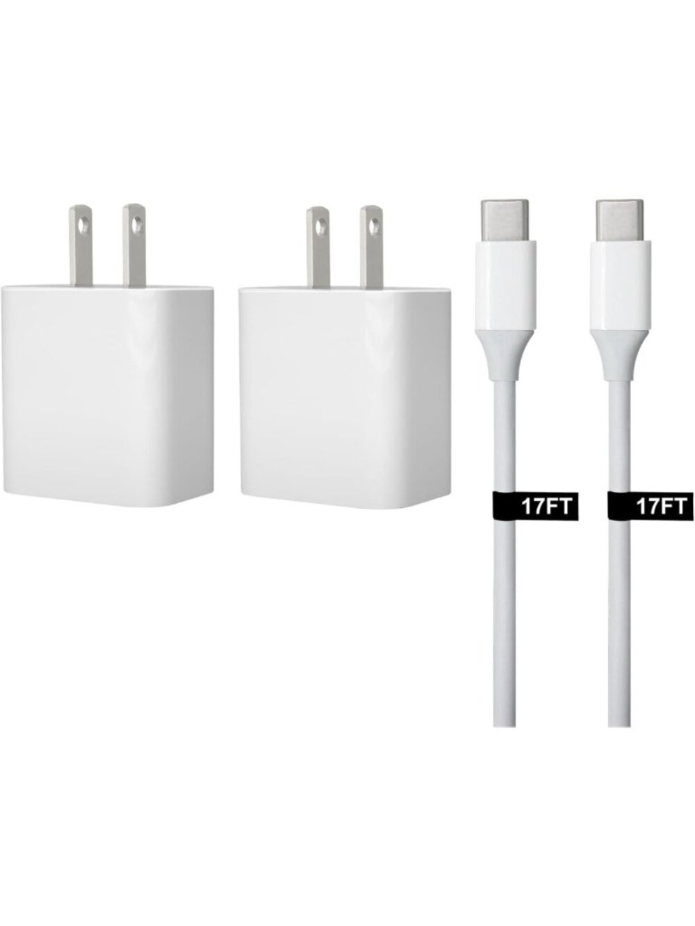 30W USB-C Fast Charger & 17ft Cable for Phones, Tablets & USB-C Devices - 2-Pack